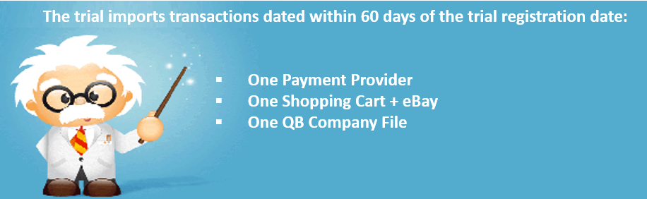 SimplePort trials are limited to 60 days of transactions, one payment provider, one shopping cart plus eBay and one QuickBooks company file